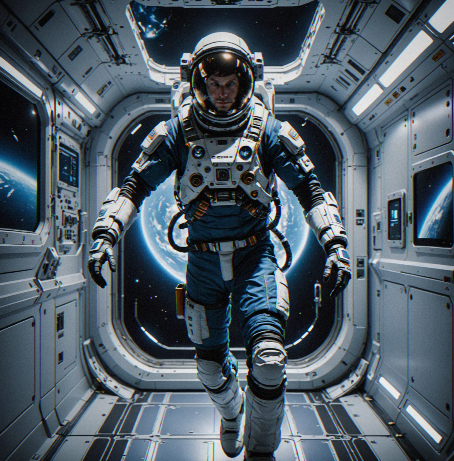 Player character in EVA suit navigating zero-gravity corridor with velocity vectors visualized as blue trajectory lines