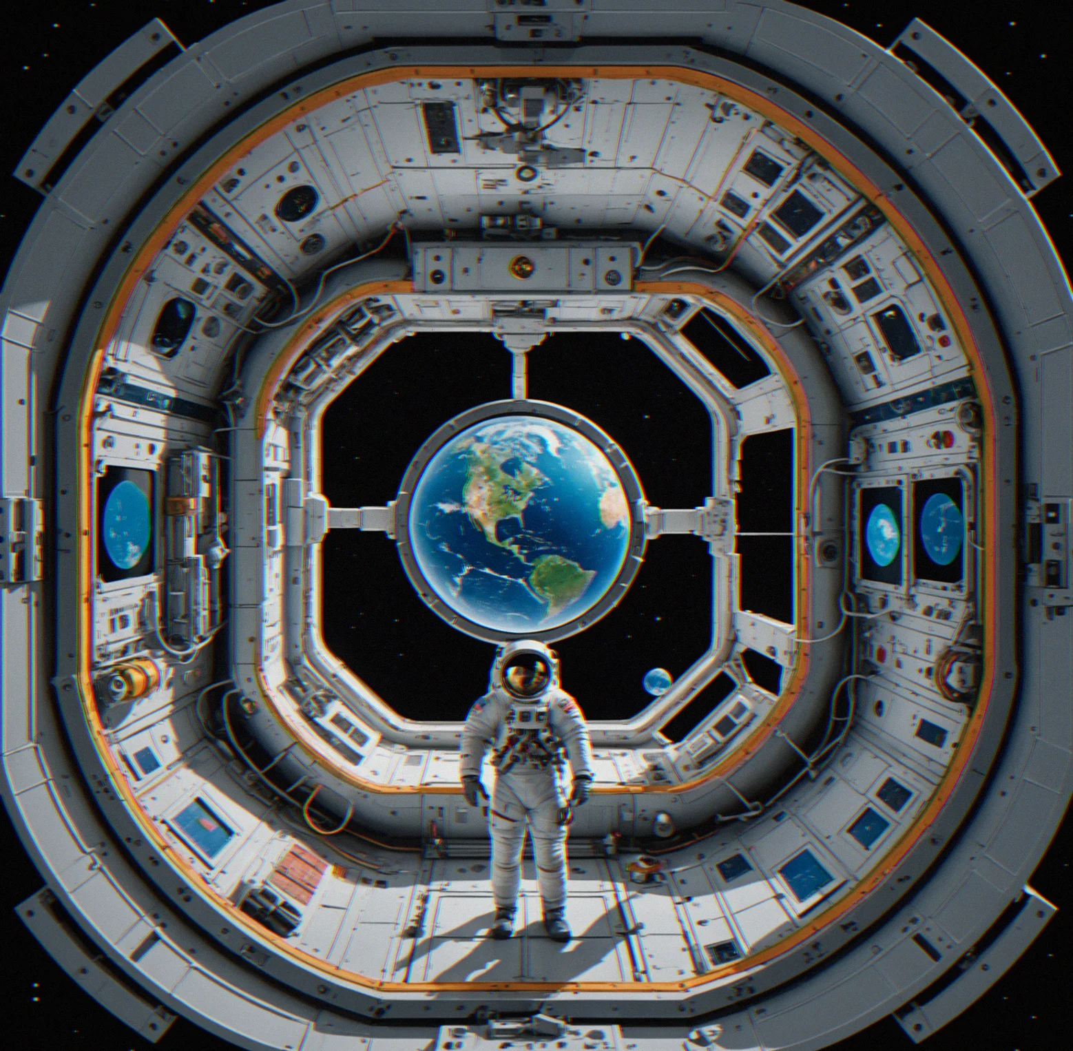 Overhead schematic of lunar station showing six zones color-coded with rotation indicators and connection points