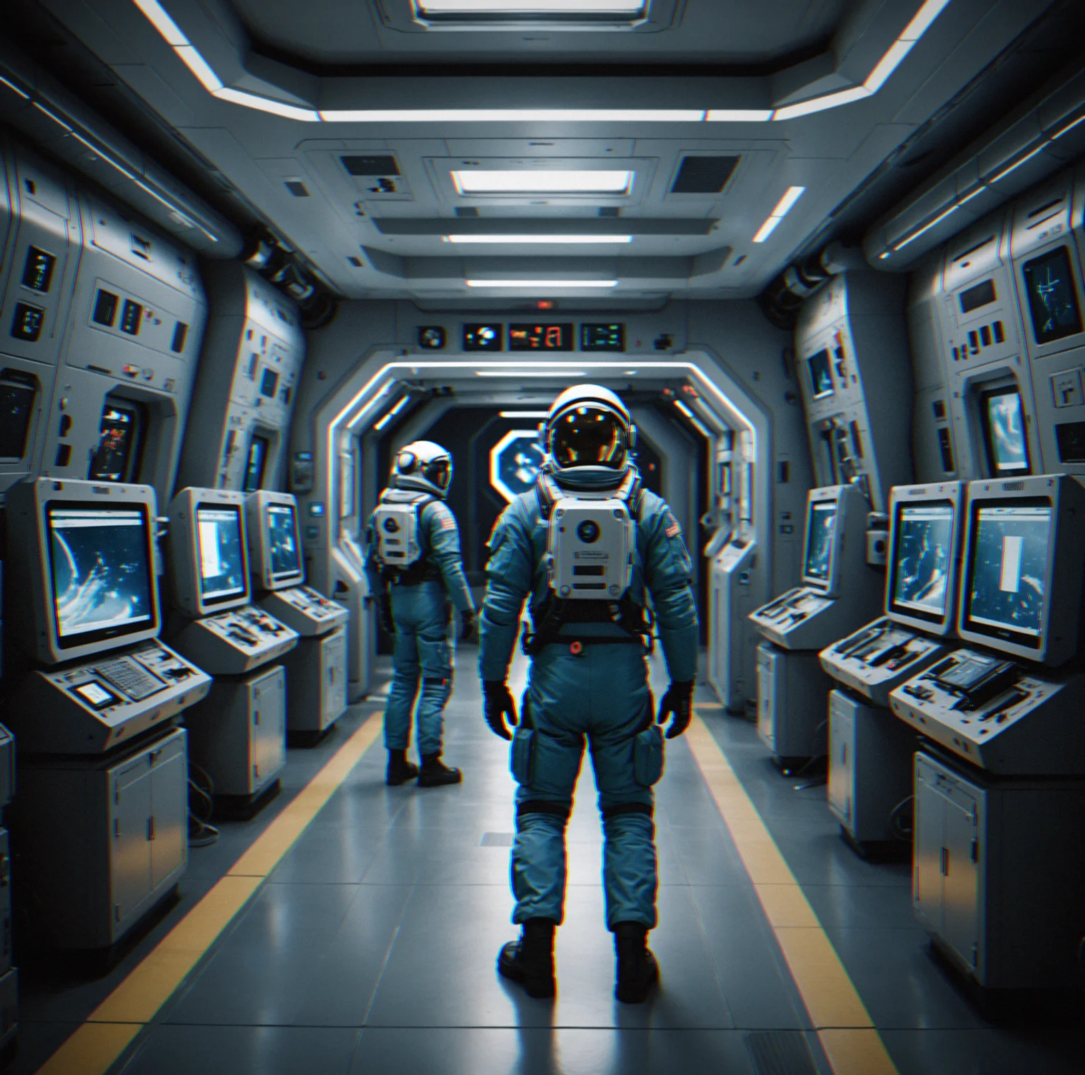 Security station interior with guards monitoring multiple displays, one turning to respond to an alert