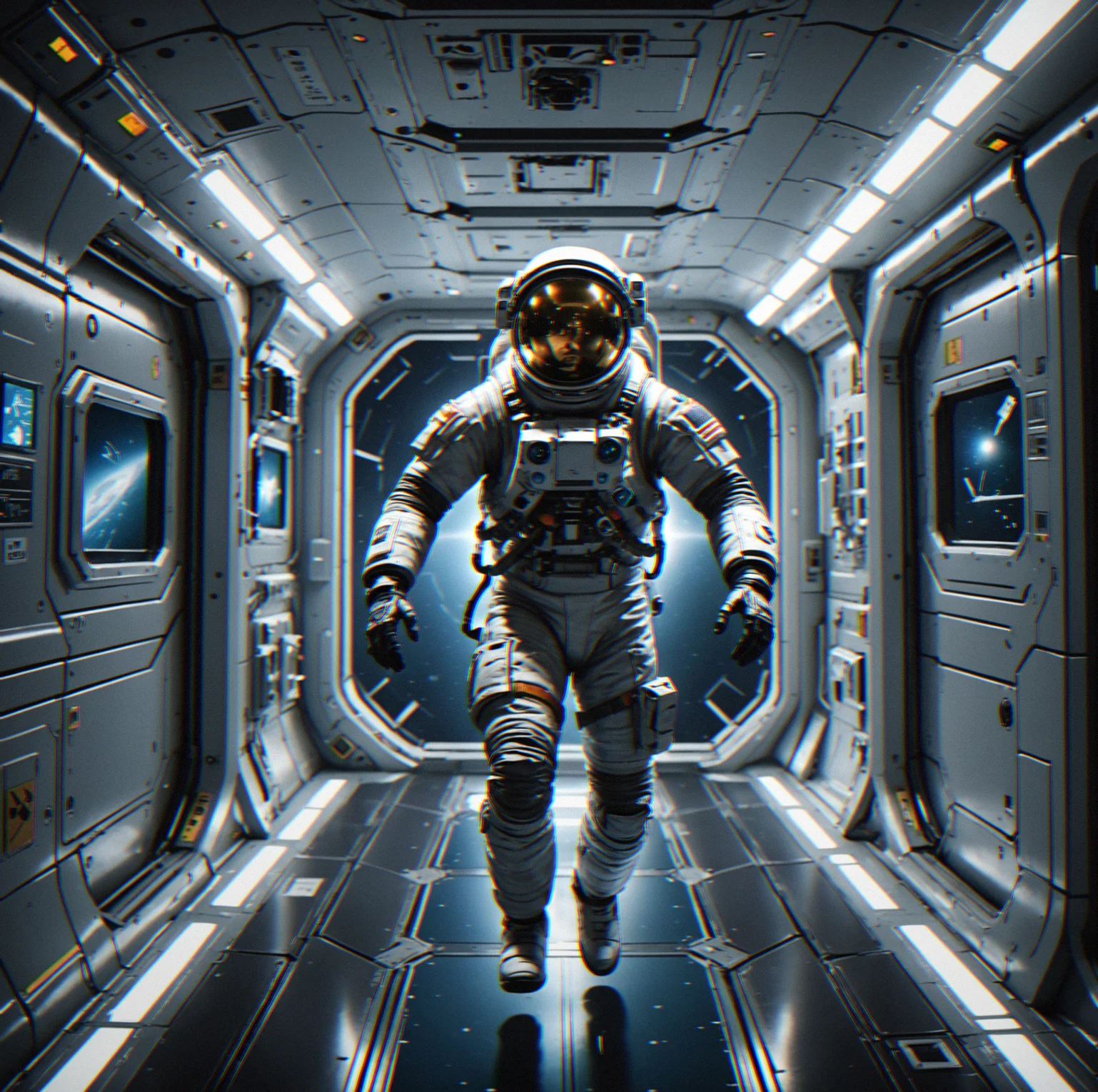 Player character floating in zero-gravity with momentum vectors showing trajectory through station corridor