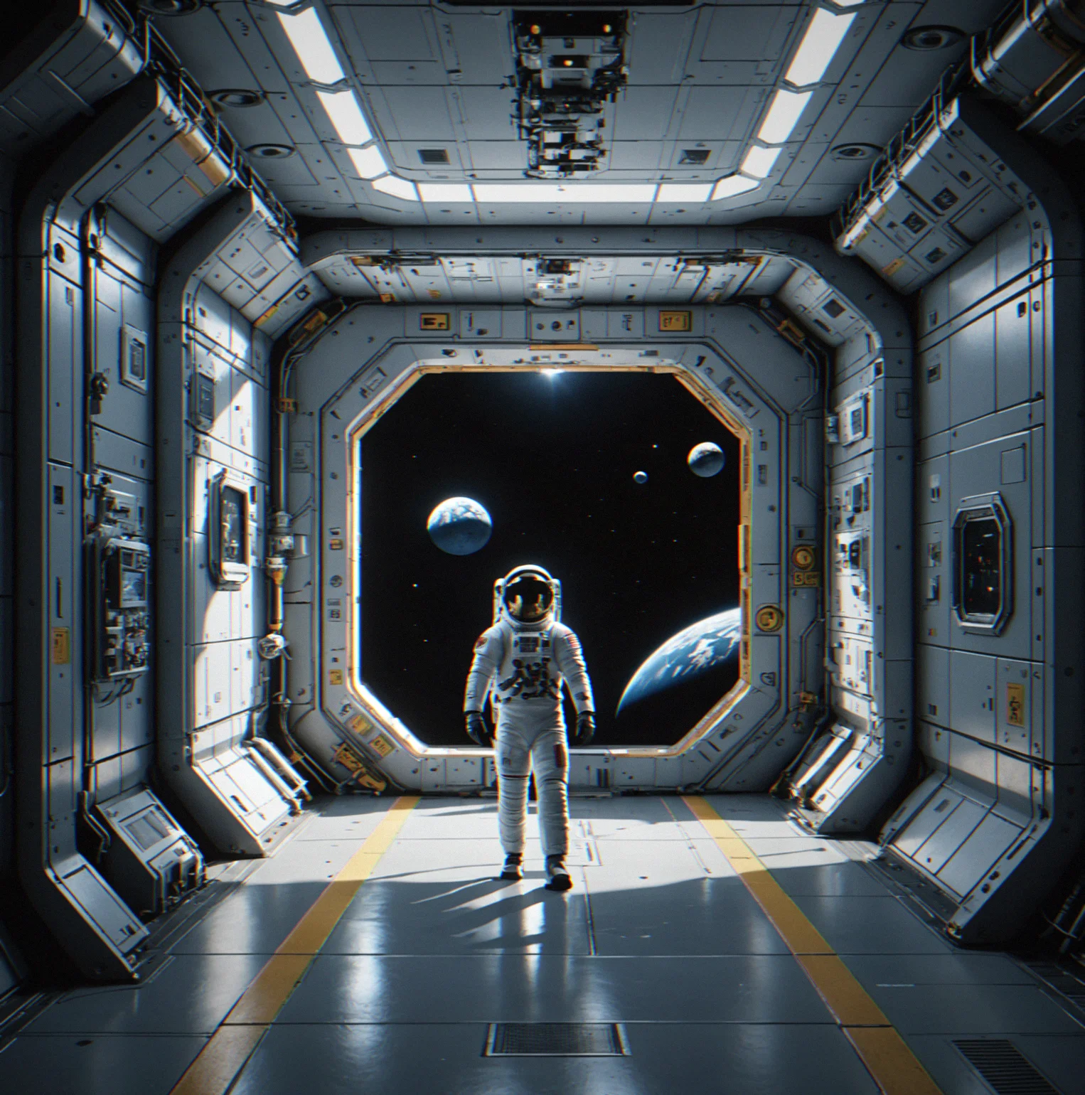 Docking bay with three airlock ports and floating cargo containers casting long shadows under industrial lighting