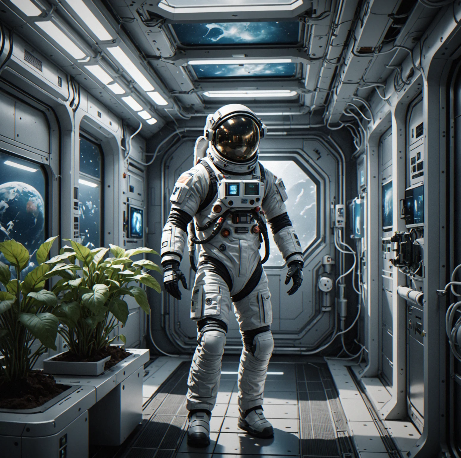 Hydroponics sector showing vertical plant beds and maintenance conduits with a guard in EVA suit performing routine checks