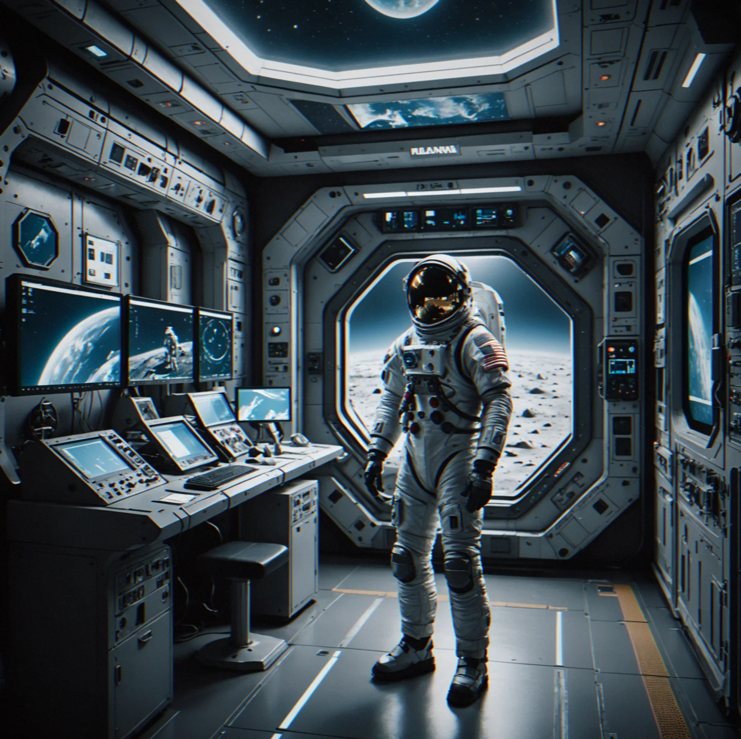 Command hub with holographic displays, control terminals, and floor-to-ceiling windows overlooking lunar surface