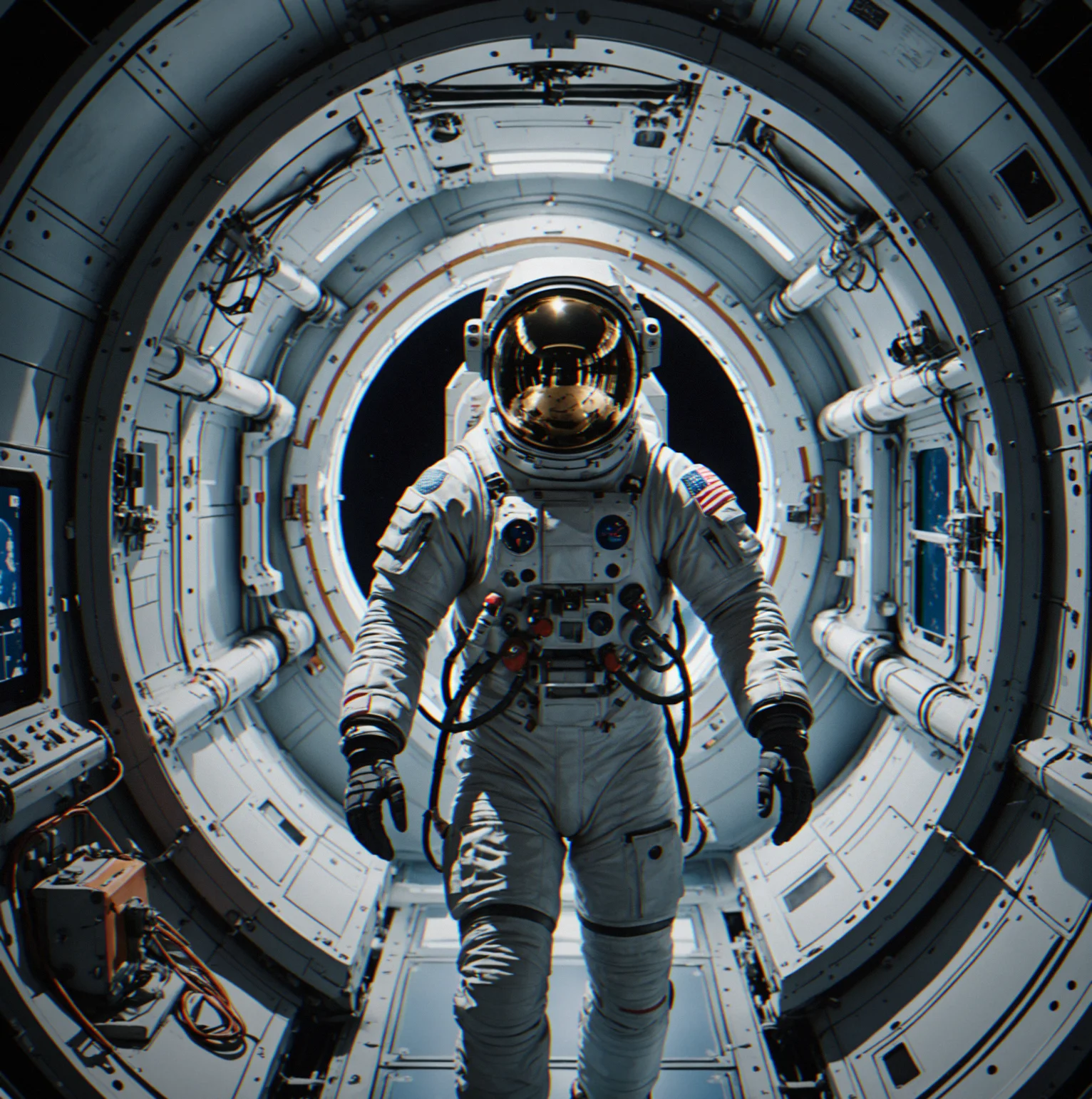 Engineering core with exposed reactor plating, rotating thermal vanes and zero-gravity work platforms connected by cables