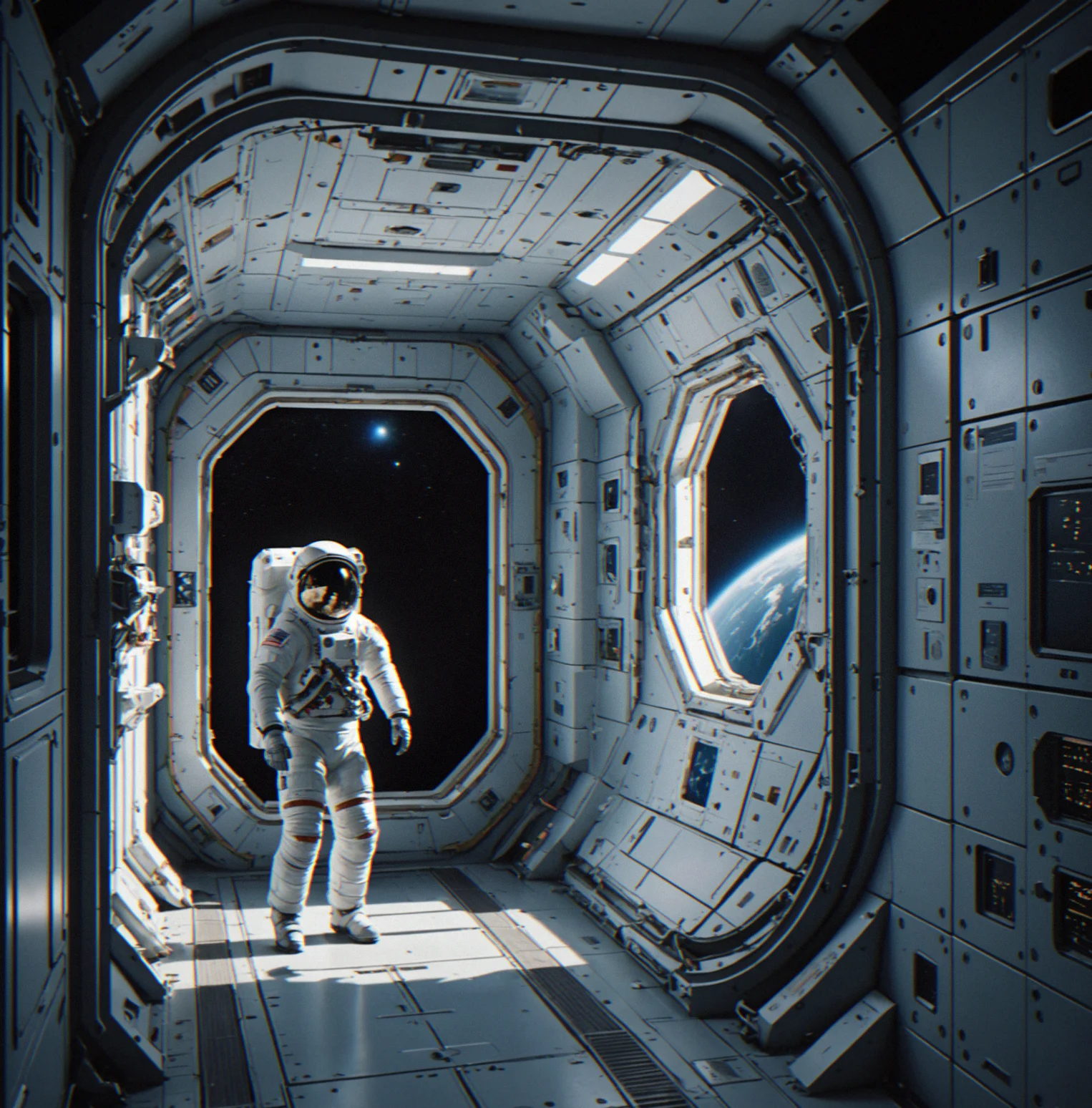Lunar station corridor with zero-gravity debris floating past reinforced bulkhead window